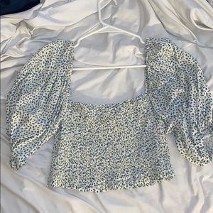 white with blue flowers off the shoulder crop top